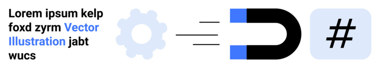 Obraz premium Magnet pulls metadata tags with lines showing attraction. Gear represents process or technology efficiency. Ideal for marketing, social media, engineering, connection, innovation, influence, simple