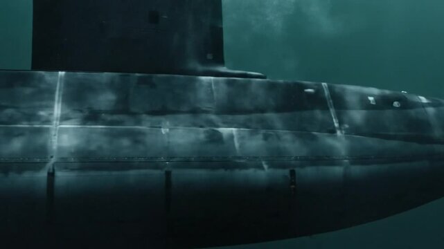 Submarine underwater cruising slowly with dark metal hull in deep blue sea creating clouds