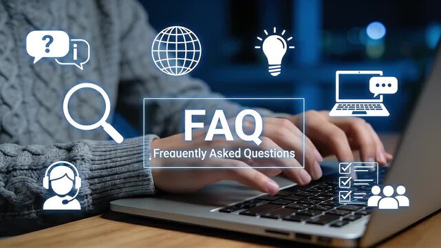 FAQ, Frequently Asked Questions Support Concept. Person using laptop with icon related to search, information, chat, customer service, support represent online help, user assistance, helpdesk, Q and A