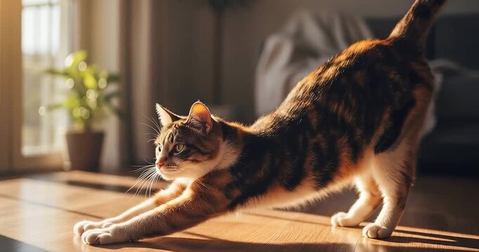 Cat stretching indoors sunlight warm colors domestic animal