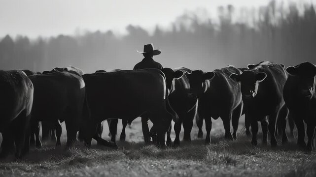 Cowboy leading cattle through field.