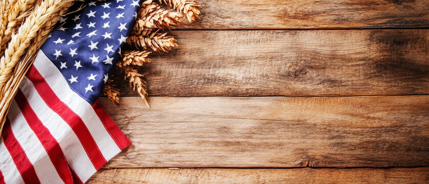 An American flag and wheat stalks lie on a rustic wooden surface. Horizontal banner with copy space for text, poster, free space