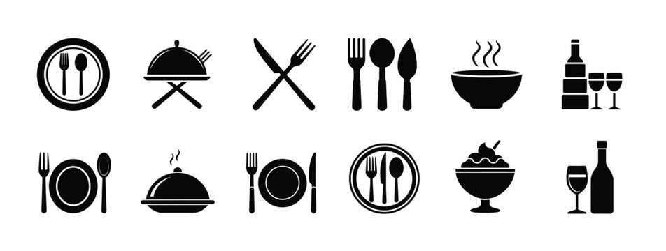 Restaurant and food silhouette icon set, dinner plate with cutlery symbol, catering service tray and kitchen utensil graphic, cafe dining and dessert, and more vector illustration with editable stroke