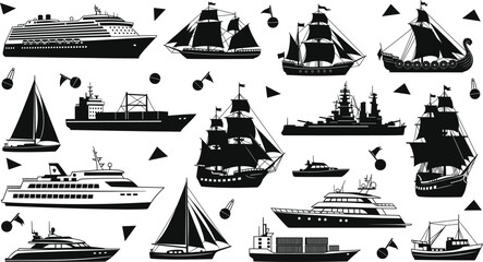 Large collection of nautical ship silhouettes including cruise liners sailing boats yachts cargo vessels and vintage pirate galleons for maritime graphic design. © Hosneara