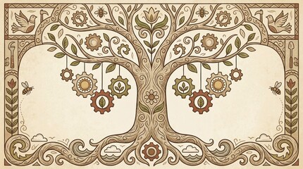Conceptual Tree of Life with Mechanical Gears and Celestial Symbols in Folk Art Style