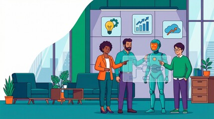 Diverse Business Team Collaborating with Humanoid Robot and Holographic Interface in Modern Office