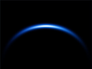 Blue curved light horizon on black background. Glowing neon arc or planet edge effect. Abstract futuristic sci-fi sunrise line. © oddysign