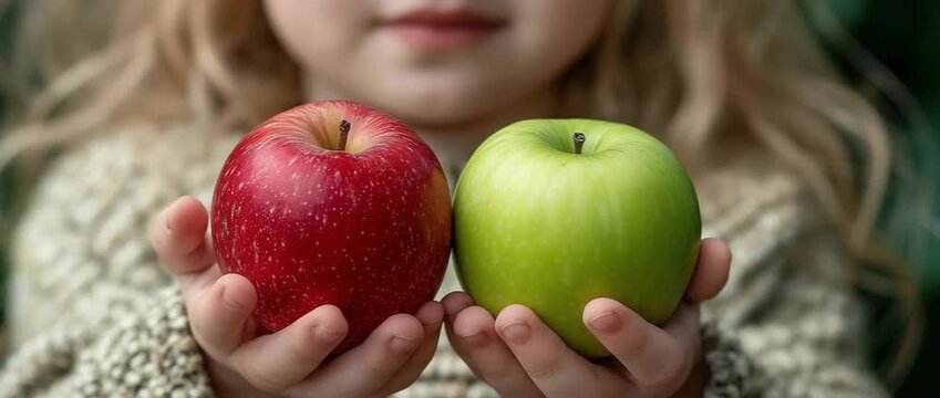 A little child with a brand-new apple. Kids holding green and red apples. fruit that is good for kids. Close-up of an apple with a selective focus