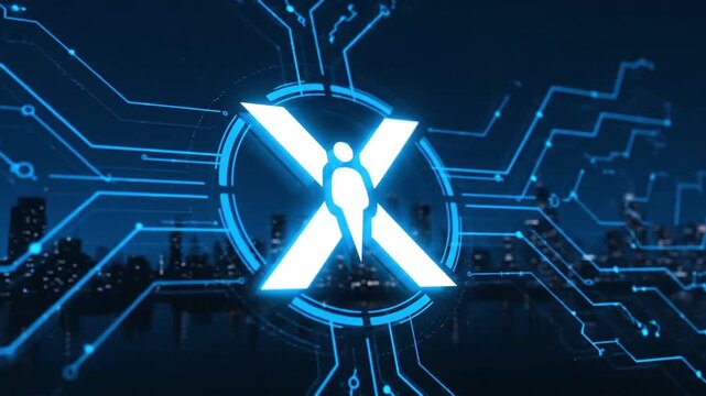 Digital X letter logo animation with circuit board lines and glowing blue city skyline background. Technology, AI, data, network concept video.