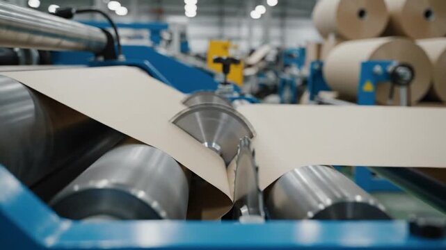 Industrial paper cutting machine in a factory environment, processing large rolls of cardboard sheets for packaging