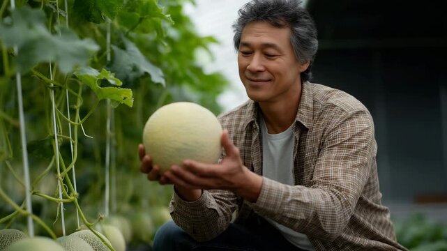 Asian male farmer inspecting ripe melon inside a modern greenhouse,strictly preserving the exact composition, camera angle, body posture, lighting