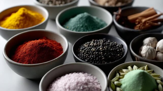 Assorted colorful spices in ceramic bowls on table, cooking ingredients, culinary herbs and seasoning concept
