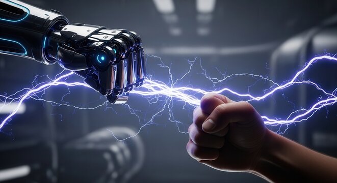 A metallic robotic fist and a human fist confront each other connected by vibrant blue electrical arcs in an indoor setting
