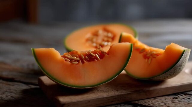 Freshly cut ripe melon arranged on a rustic wooden table,strictly preserving the exact composition, camera angle, lighting warmth, color balance, texture detail and natural lifesty  4K