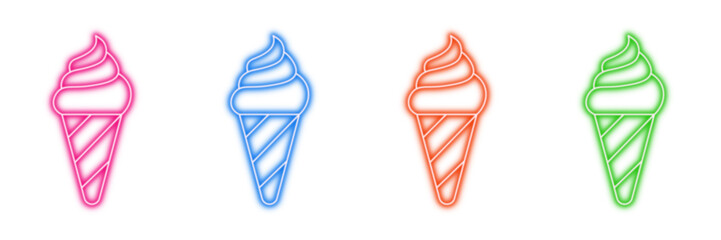 Neon glowing ice cream vector icons set, dessert, sweet, frozen, summer treat, snack, vibrant colorful digital design illustration on transparent background.