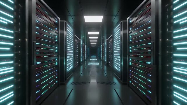A long data center hallway, filled with rows of server racks illuminated by bright, cool-toned lights, creating a futuristic, techy atmosphere