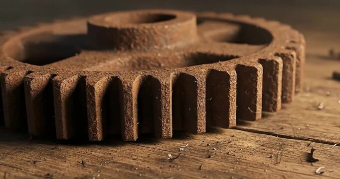 Close up rusty gear on wooden surface industrial concept