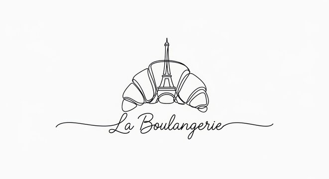 Parisian Bakery Logo: Croissant with Eiffel Tower Silhouette and "La Boulangerie" Text