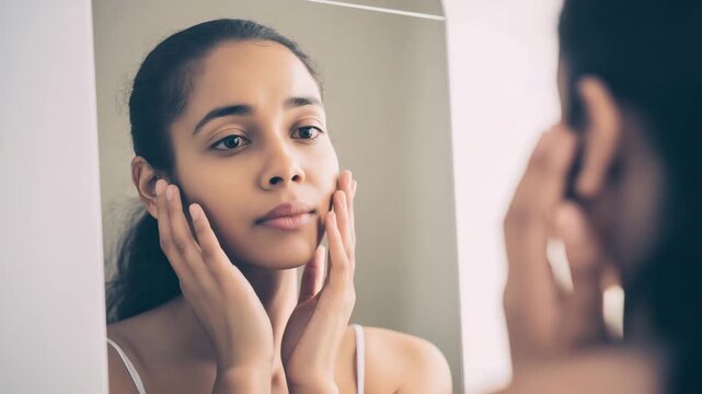 Young woman examining facial skin in mirror, skincare routine, beauty care and healthy complexion concept skincare, woman, mirror, facial skin, beauty, face care