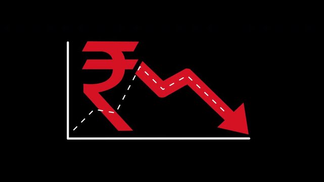 Red Rupee Symbol with Falling Graph Arrow, Financial Crisis, Animated Video, 4K, Alpha, Transparent