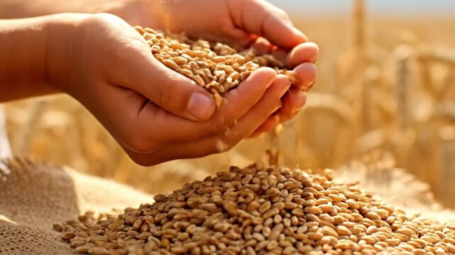 Close-up of Farmer Hands Pouring Golden Wheat Grains Over a Burlap Sack in a Sunlit Cereal Field During Harvest Season