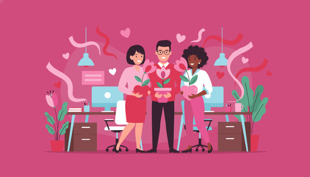 Happy office colleagues celebrate appreciation and wellness holding heart flowers in a pink workplace