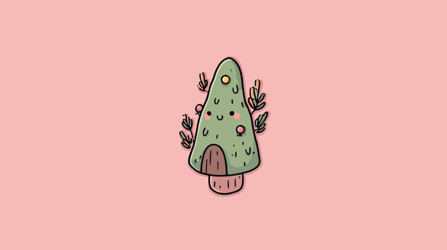 Cute cartoon illustration of a tree-shaped dwelling with a door and smiling face on a pink background