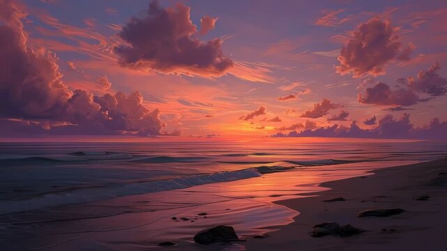Serene Beach Sunset with Vibrant Clouds.