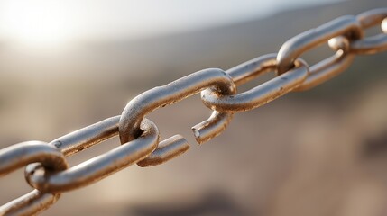 Obraz premium Metal chain link broken due to excessive strain, distorted shape illustrating force impact, fatigue, and limits of material strength. cinematic color correction, natural uneven lighting yet gentle