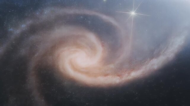 A luminous, swirling celestial formation showcases a core of warm light, encircled by expansive spiral arms and stardust, punctuated by stars