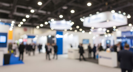 Obraz premium Crowd of people walking through a busy exhibition trade show hall with booths