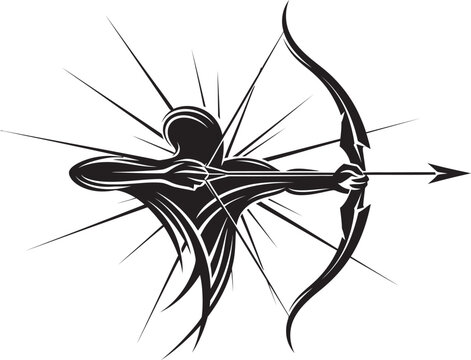 Silhouette of a powerful archer aiming a bow and arrow with speed lines