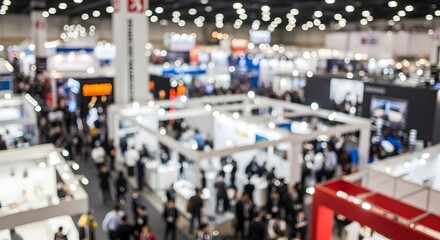 Obraz premium Bustling trade show exhibition hall with white booths and professional visitors in blurred view