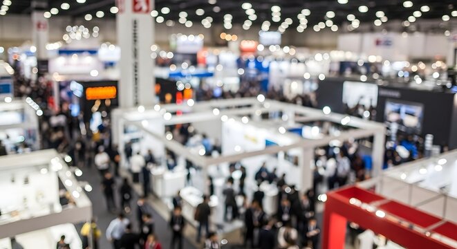 Bustling trade show exhibition hall with white booths and professional visitors in blurred view