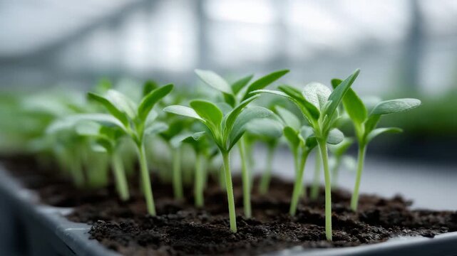 Young watermelon seedlings growing evenly in a sowing tray,strictly preserving the exact composition, growth, agriculture, gardening, horticulture, green, nature