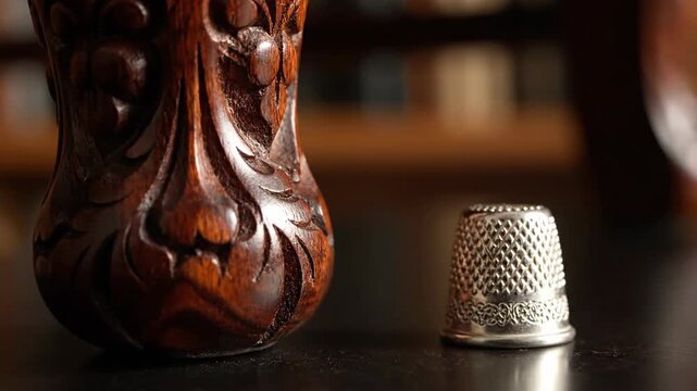 Carved wood furniture leg and sewing thimble, close up detail view