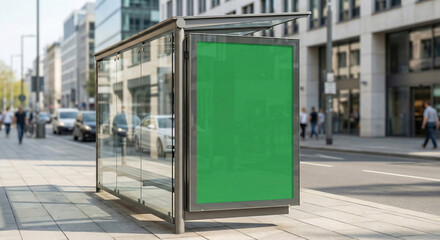 Mockup of a green screen billboard in a bus stop next to a busy street for advertising purposes
