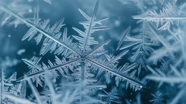 A macro shot of ice crystals, showing intricate geometric patterns and feather-like structures, with a focus on their delicate details
