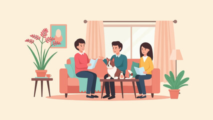 Fototapeta premium Three people and a dog relaxing and reading in a cozy living room