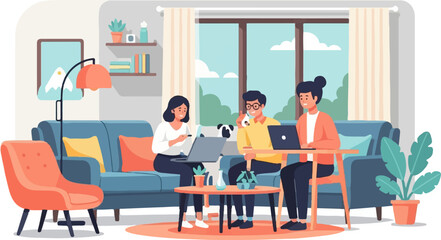 Fototapeta premium Three people and a dog interact in a cozy living room with laptops