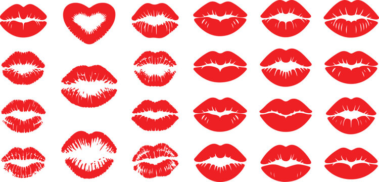 Female lips lipstick kiss print set for valentine day. Silhouette vector icon illustration with white background