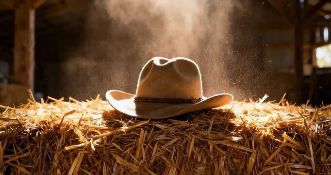Cowboy hat resting on hay bale with sunlight