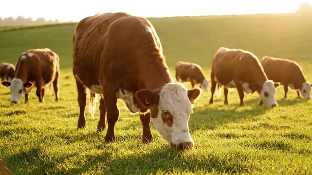 Herd of Brown and White Hereford Cows Grazing on Lush Green Grass Field During Golden Hour Sunset in Scenic Rural Farm Countryside Landscape