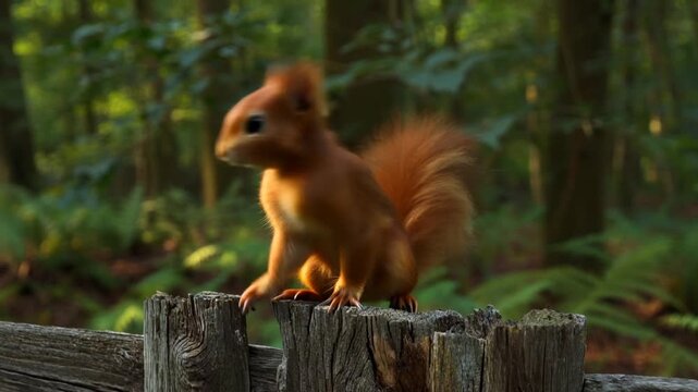 Charming red squirrel perched atop a rustic wooden fence amidst lush greenery