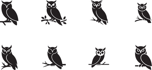 Fototapeta premium Set of elegant wise owl bird perch. Silhouette vector icon illustration with white background