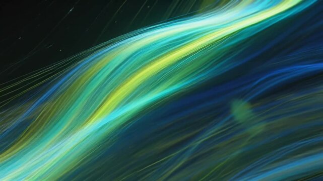 4K cinematic stock video multiple strands long hair painted neon UV-reactive colors, floating moving dancing aurora lights. Dark black minimal background particle glow strands. Hair motion is organic