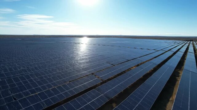 Wide view of a large solar panel array in sunny rural landscape