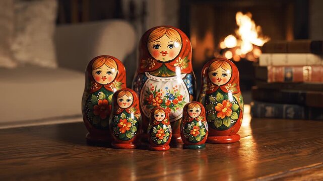 Charming Russian Matryoshka Dolls Arranged by Fireplace in Cozy Interior Setting