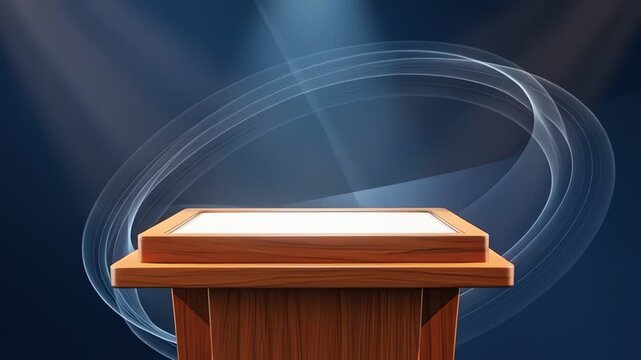 Wooden podium with spotlight beams shining.