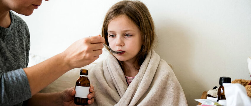 Taking flu or cold medicine, teenage girl takes medicine from a spoon given to her by her mother, kid flu treatment concept